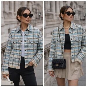 Marc Cain Blue Tweed Shirt Jacket Fringe Hem Size 12 NWT